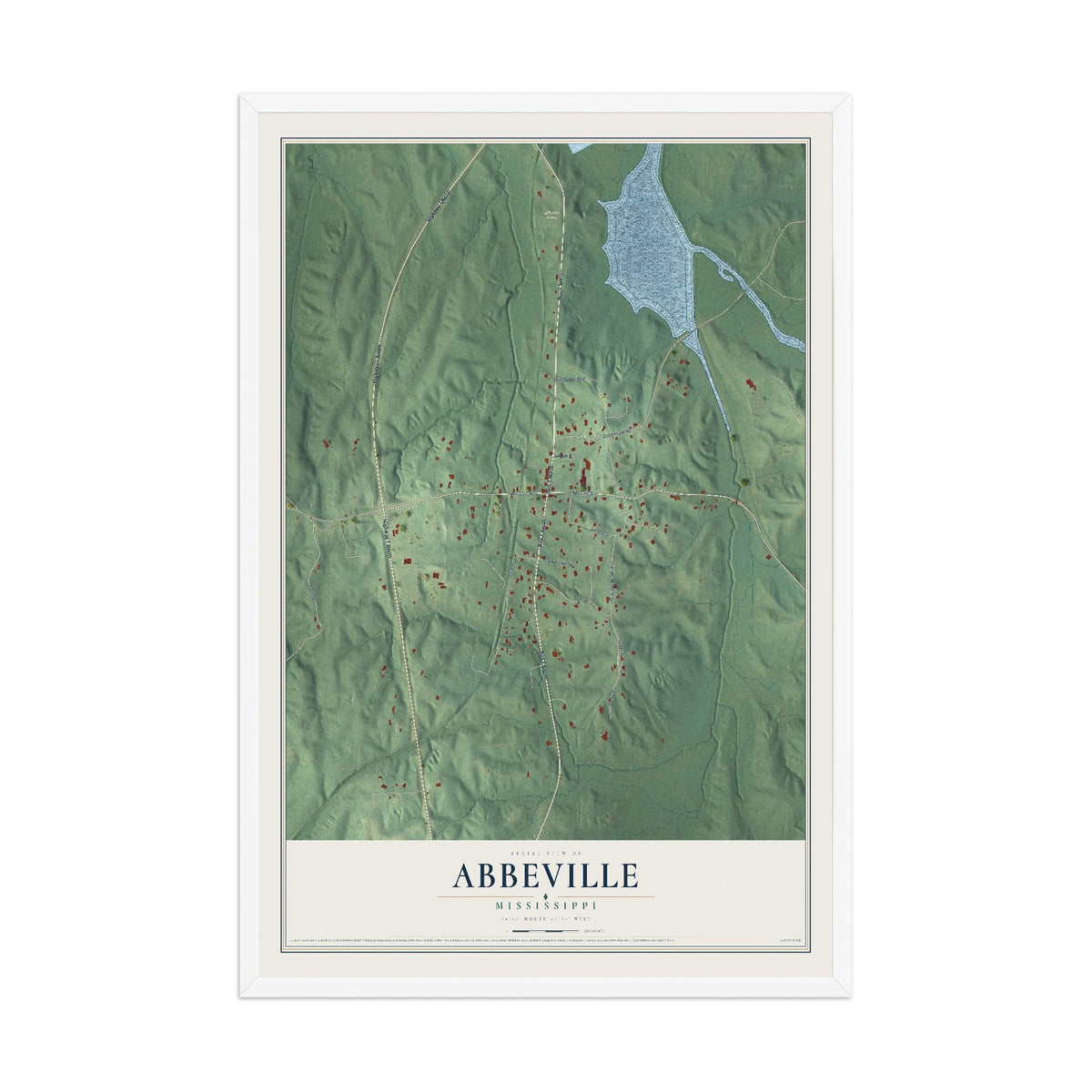 Map of Abbeville, Mississippi, 12 x 18 inch print in a white wood frame