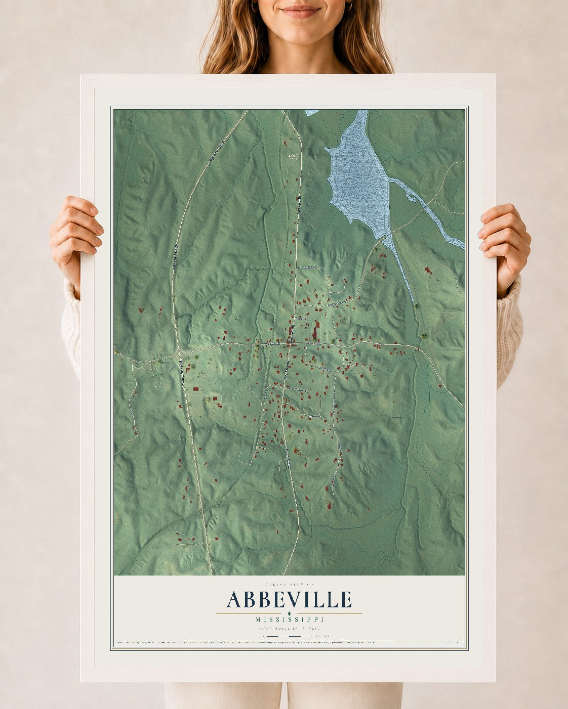 Map of Abbeville, Mississippi, 24 x 36 inch print in a white wood frame