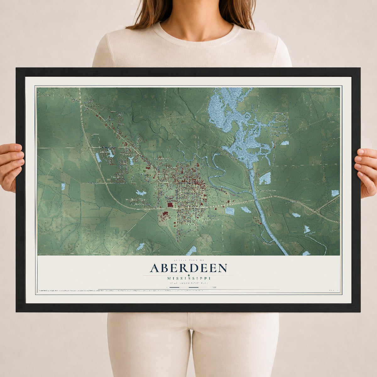 Map of Aberdeen, Mississippi, 18 x 24 inch print in a black wood frame