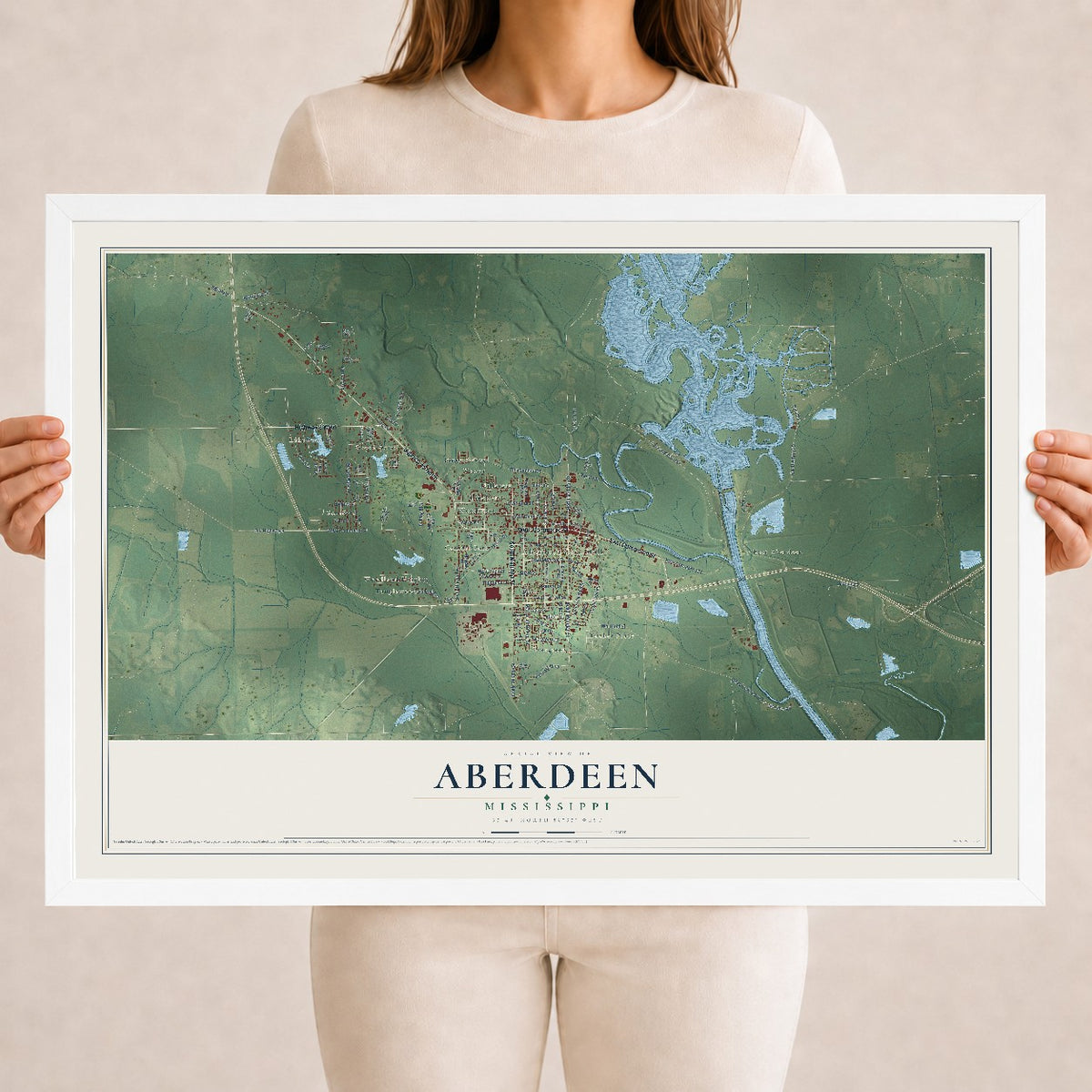 Map of Aberdeen, Mississippi, 18 x 24 inch print in a white wood frame