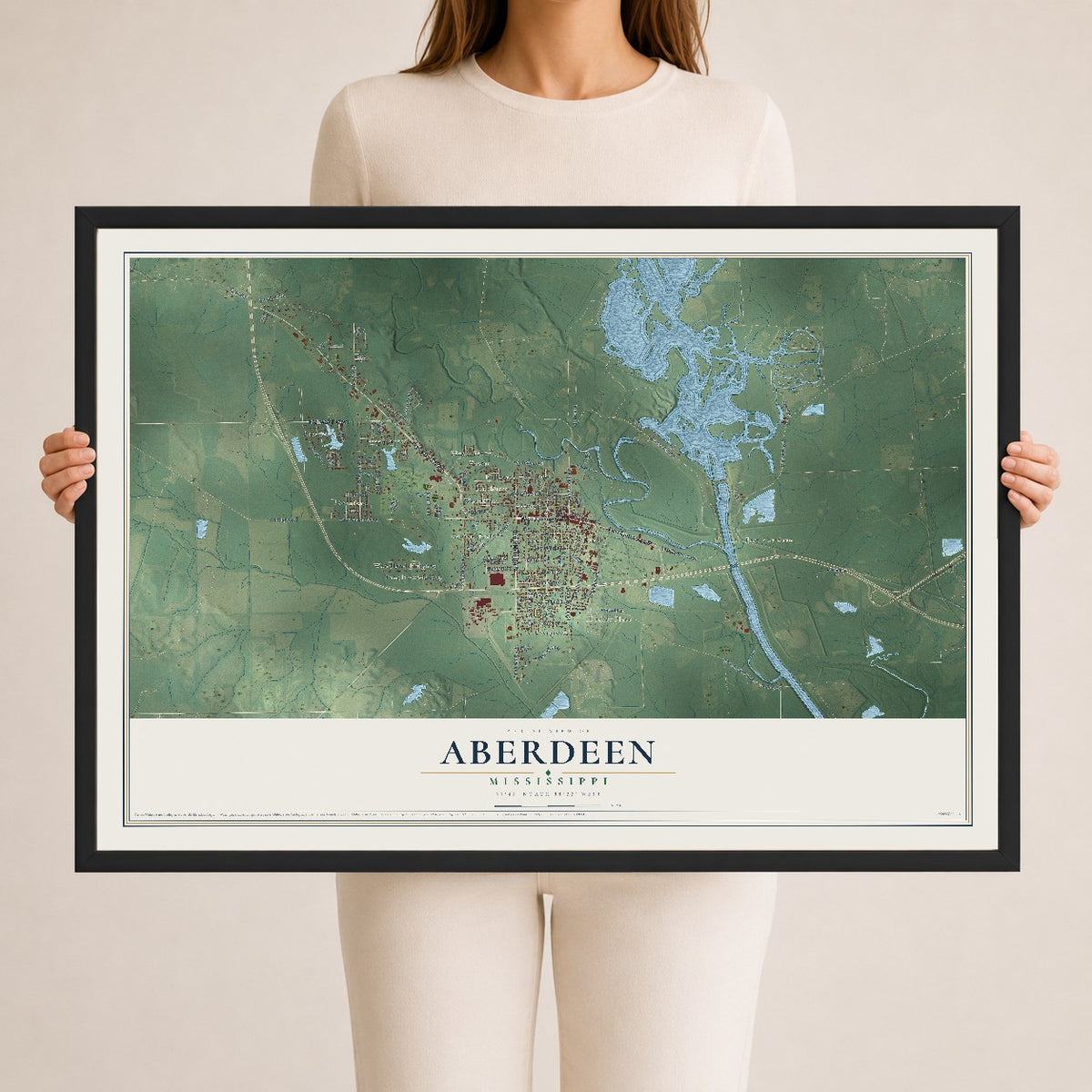 Map of Aberdeen, Mississippi, 24 x 36 inch print in a black wood frame