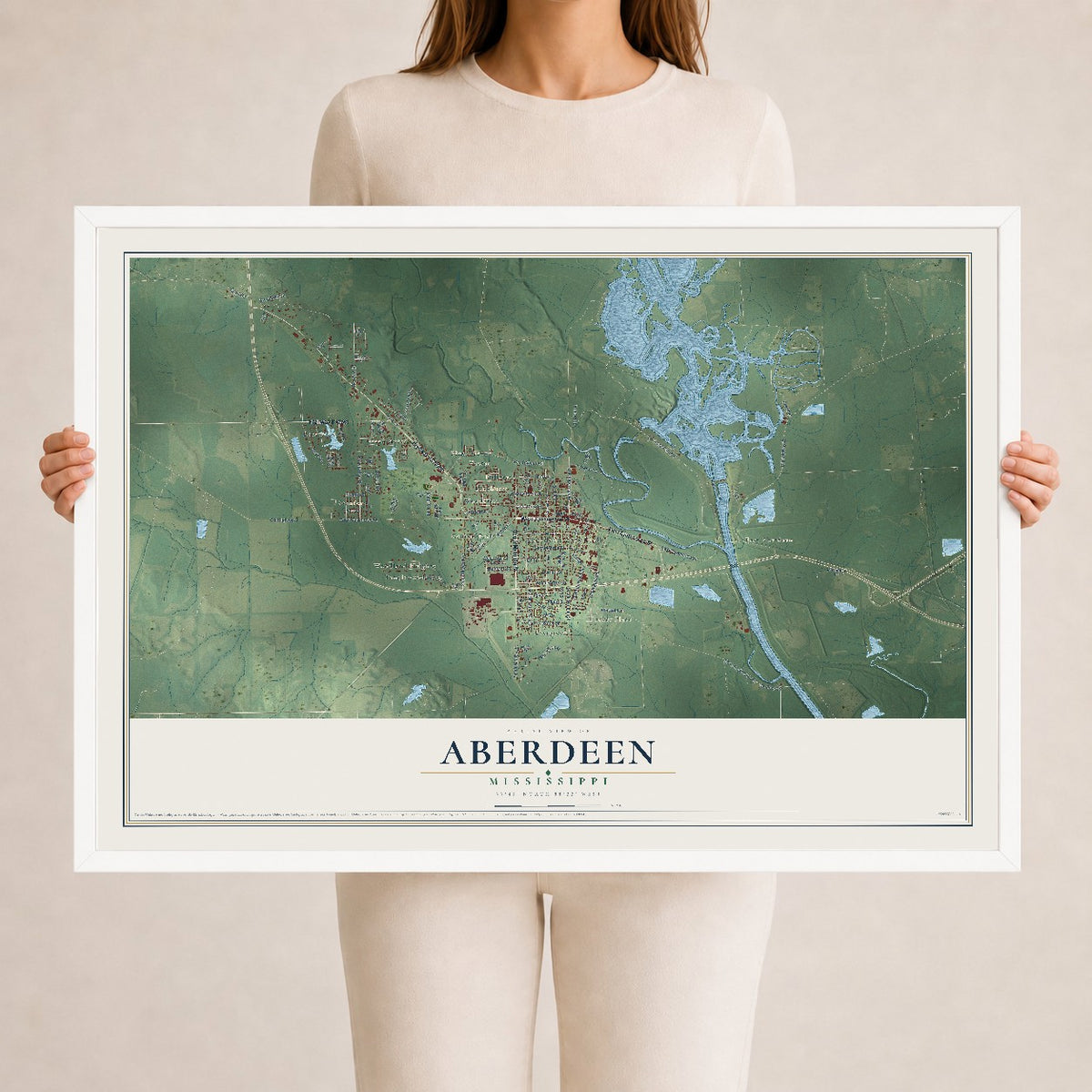 Map of Aberdeen, Mississippi, 24 x 36 inch print in a white wood frame