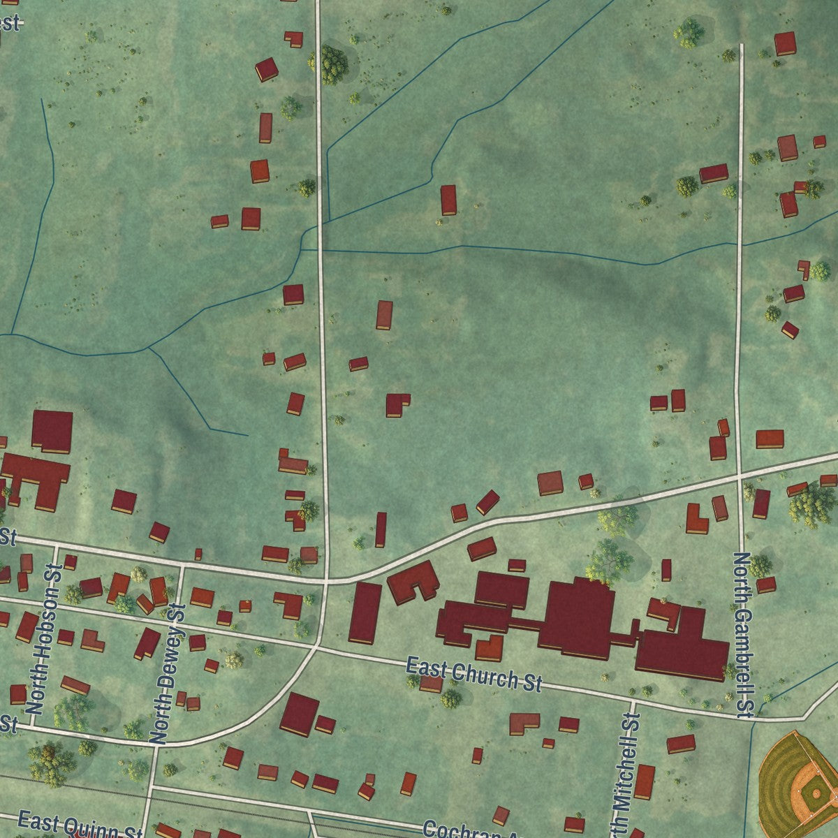 Second close-up of the map of Ackerman, Mississippi print showing more streets and buildings