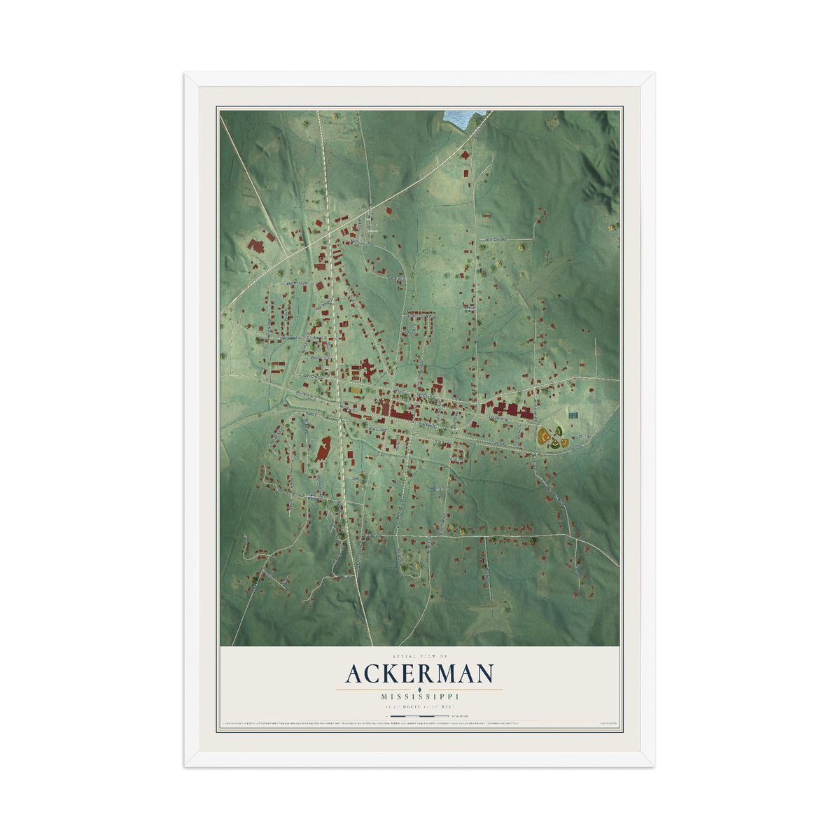 Map of Ackerman, Mississippi, 12 x 18 inch print in a white wood frame