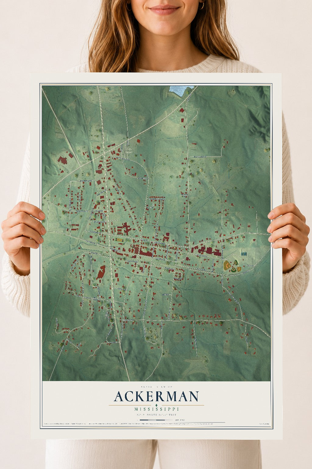 Map of Ackerman, Mississippi, 18 x 24 inch unframed archival matte print
