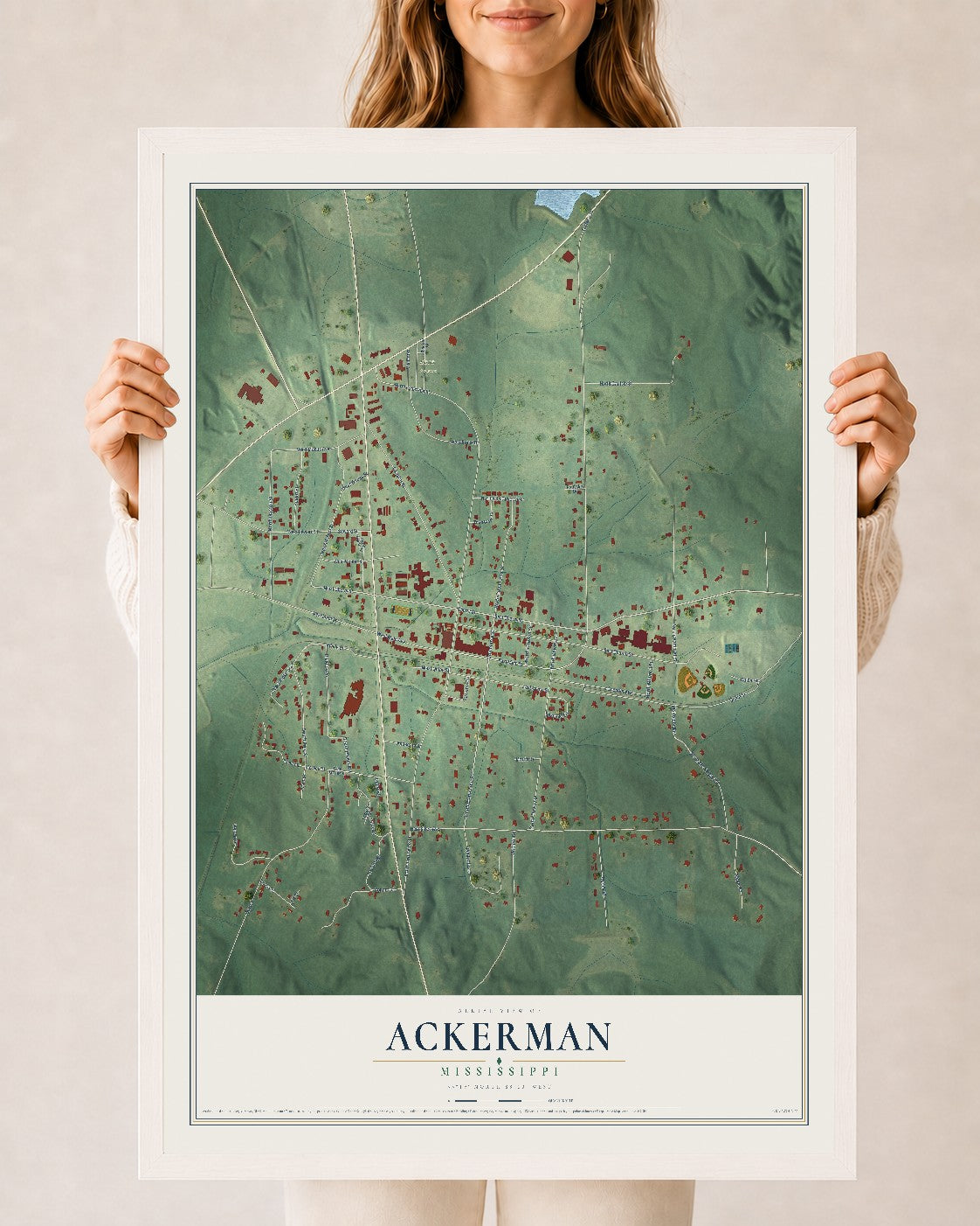 Map of Ackerman, Mississippi, 24 x 36 inch print in a white wood frame