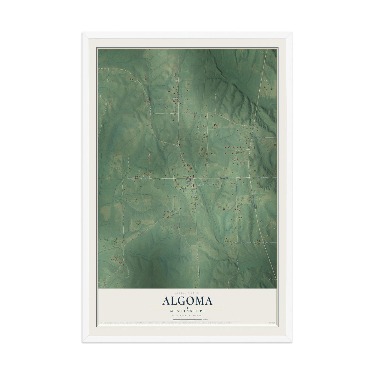 Map of Algoma, Mississippi, 12 x 18 inch print in a white wood frame