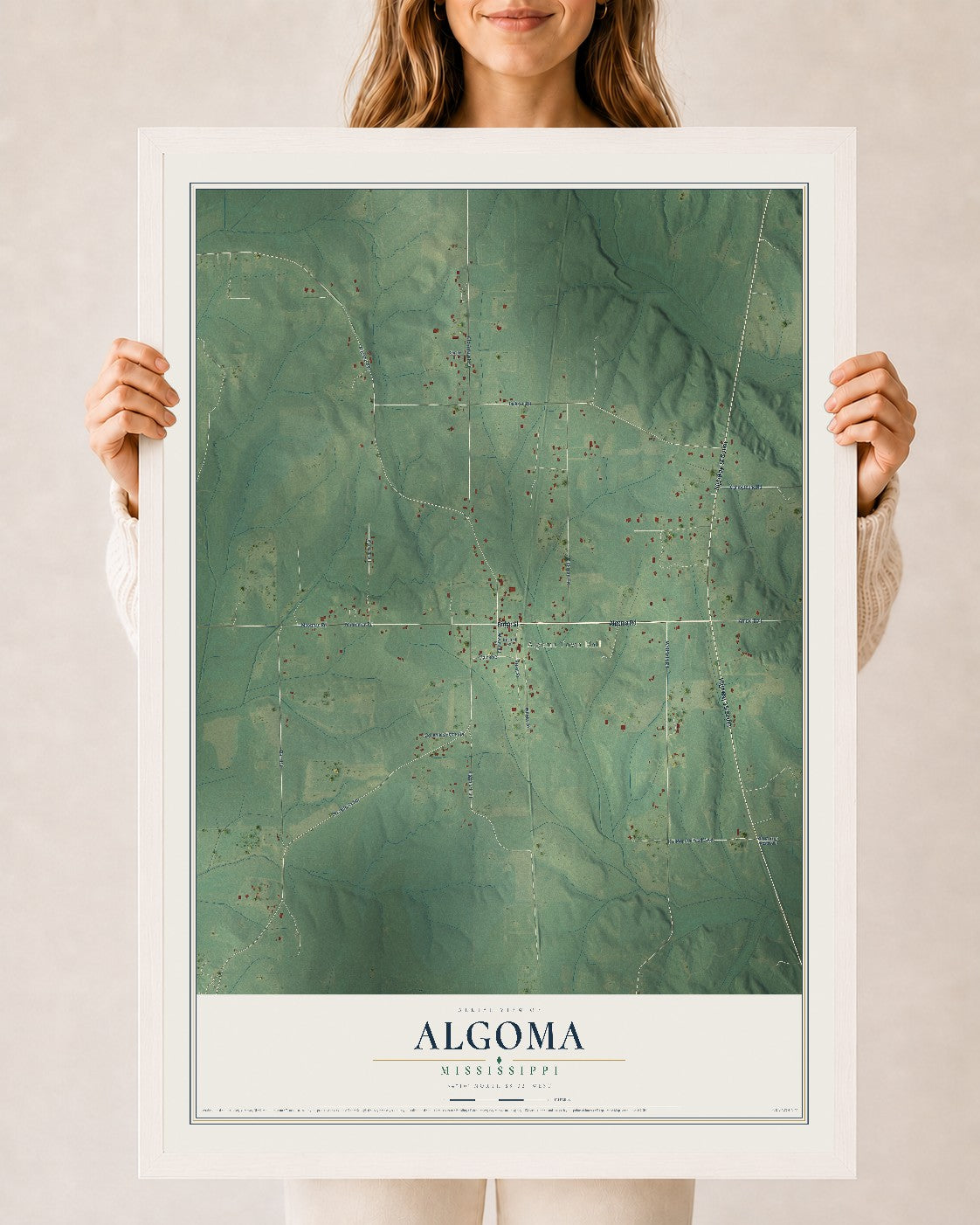 Map of Algoma, Mississippi, 24 x 36 inch print in a white wood frame