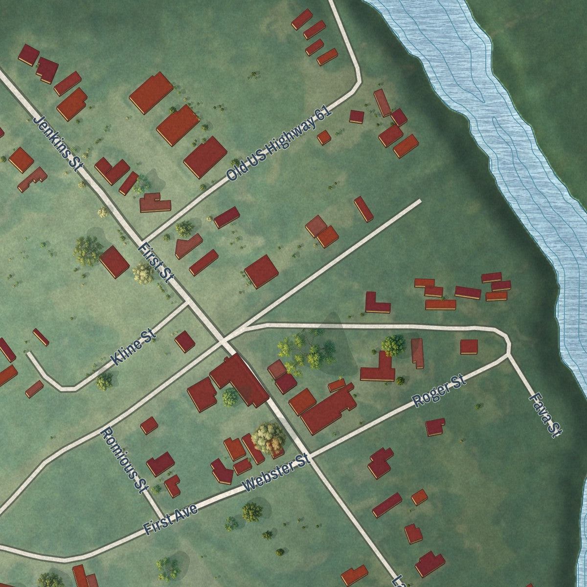 Close-up of the map of Alligator, Mississippi print showing street and building detail