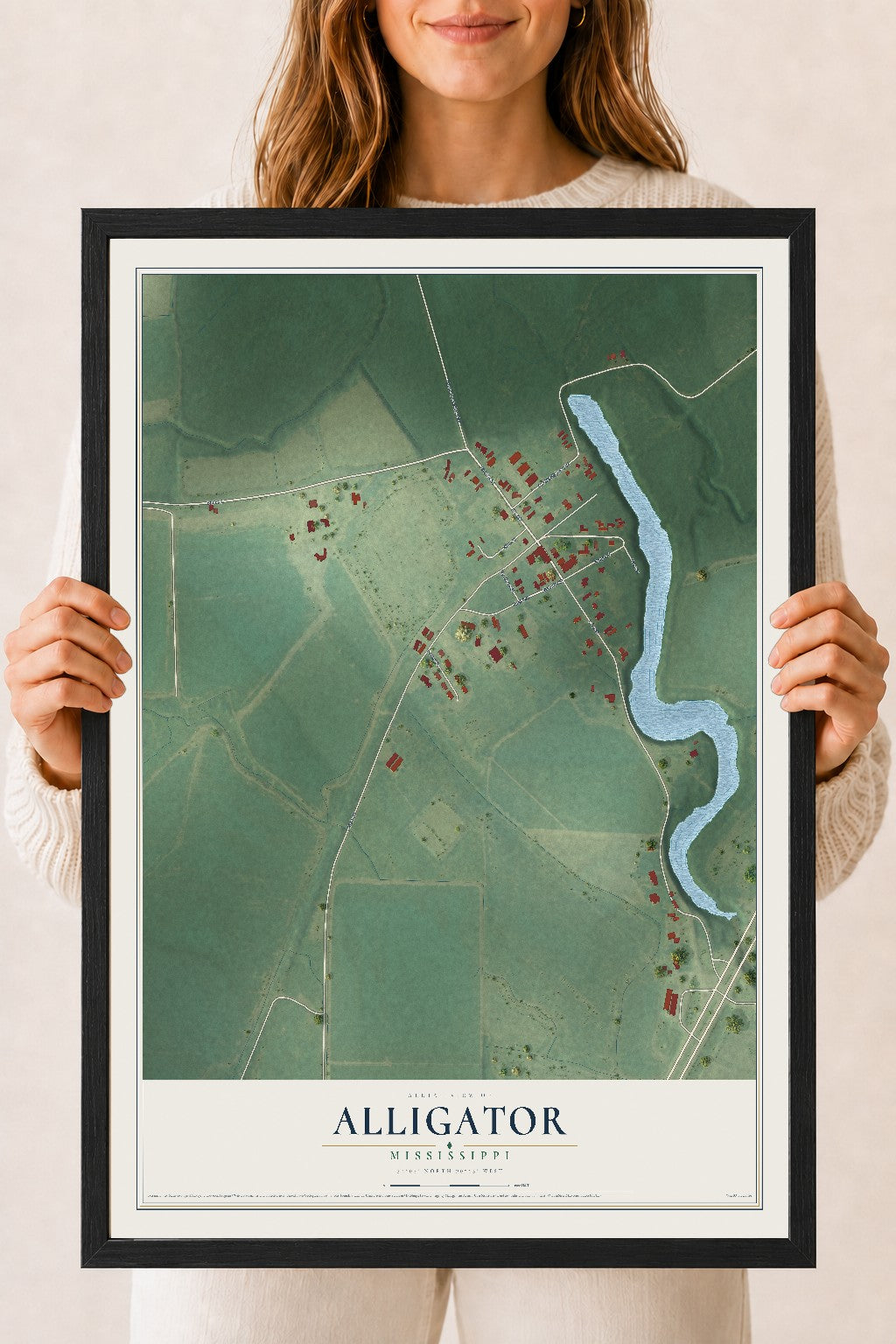 Map of Alligator, Mississippi, 18 x 24 inch print in a black wood frame