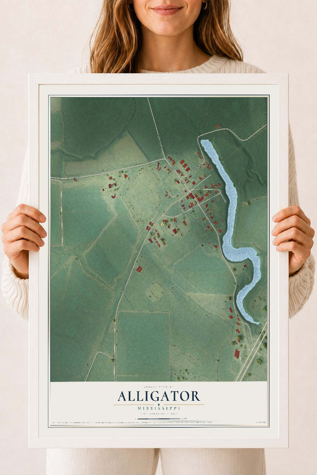 Map of Alligator, Mississippi, 18 x 24 inch print in a white wood frame