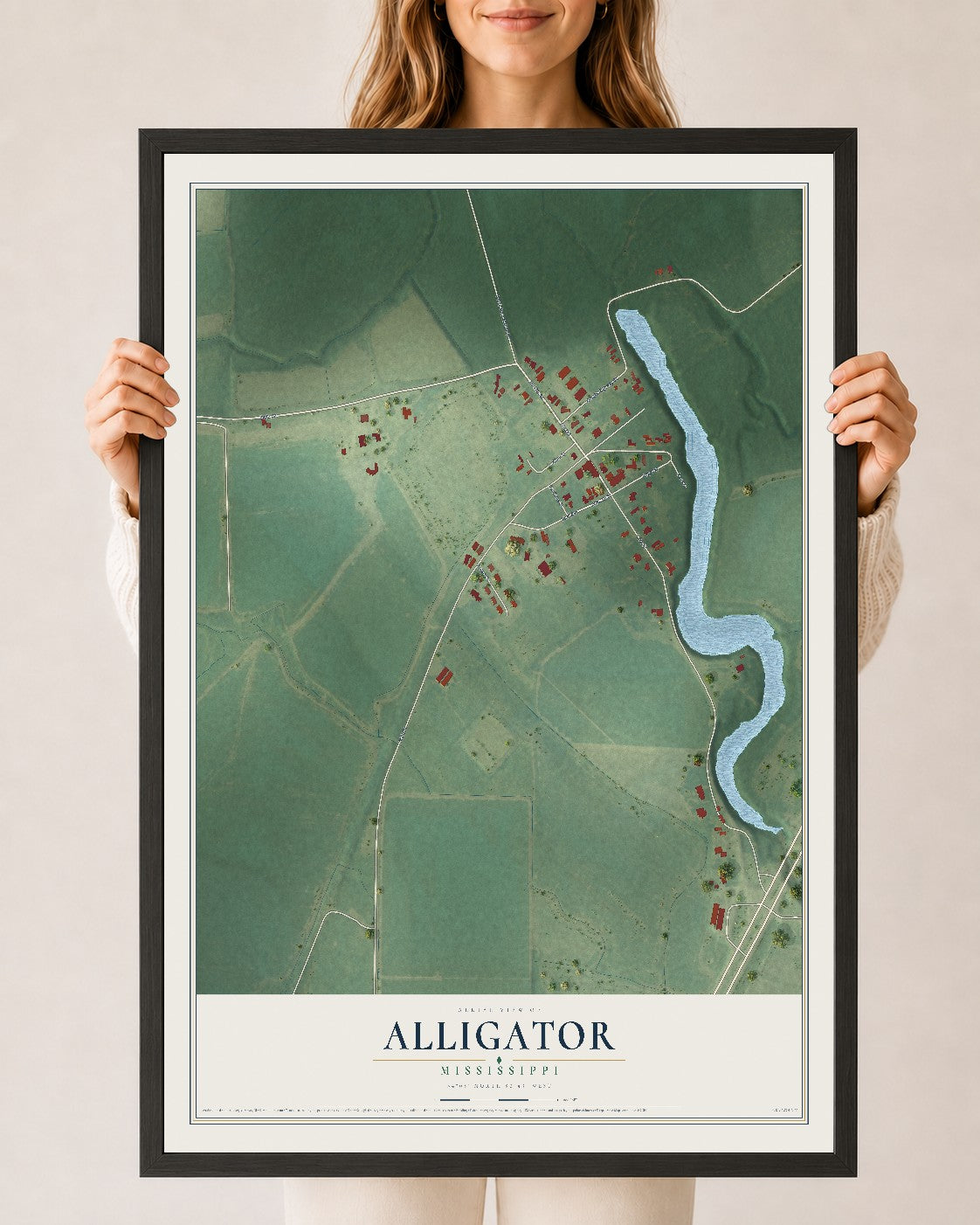 Map of Alligator, Mississippi, 24 x 36 inch print in a black wood frame
