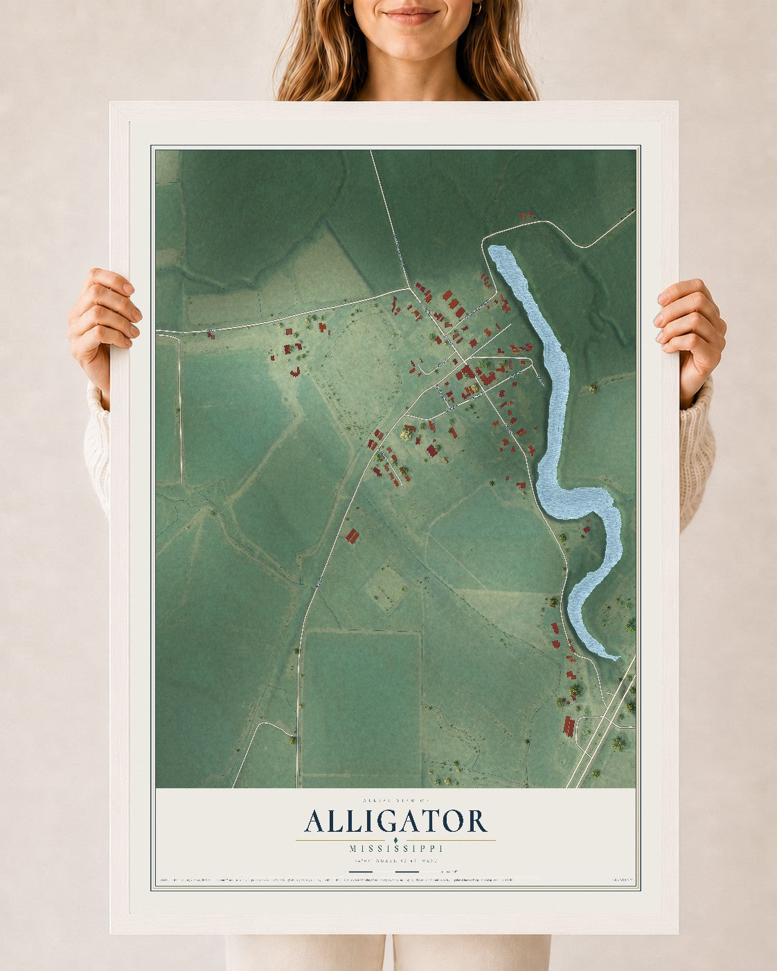 Map of Alligator, Mississippi, 24 x 36 inch print in a white wood frame