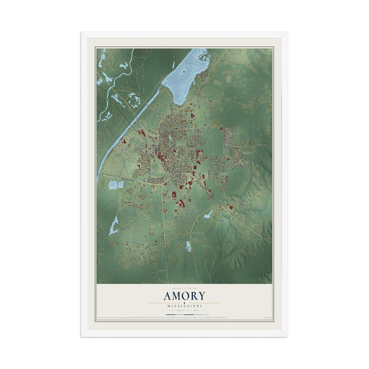 Map of Amory, Mississippi, 12 x 18 inch print in a white wood frame