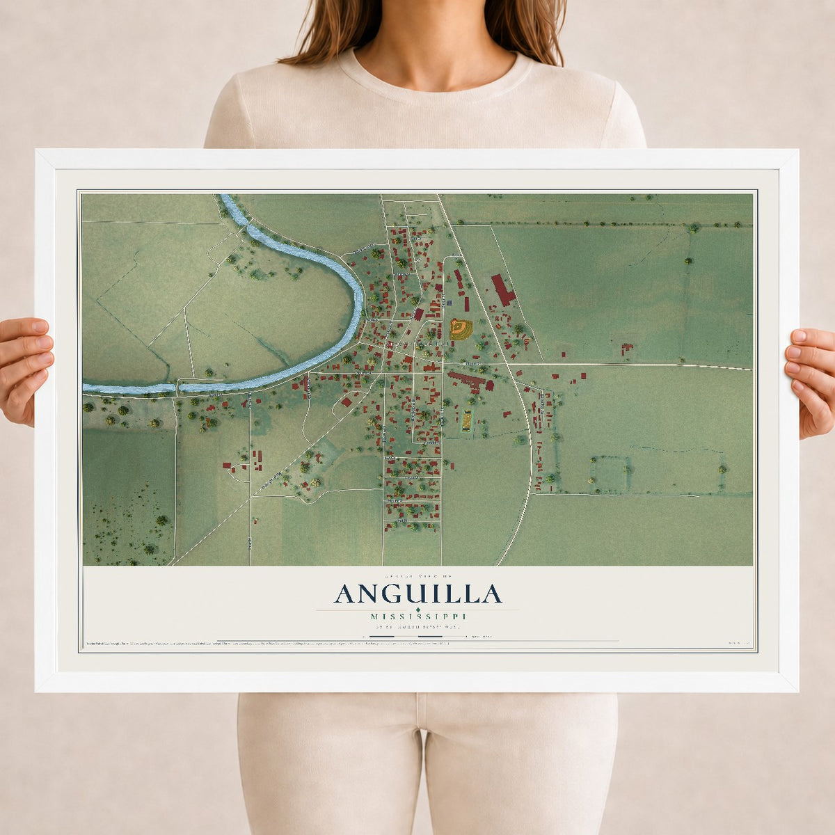 Map of Anguilla, Mississippi, 18 x 24 inch print in a white wood frame