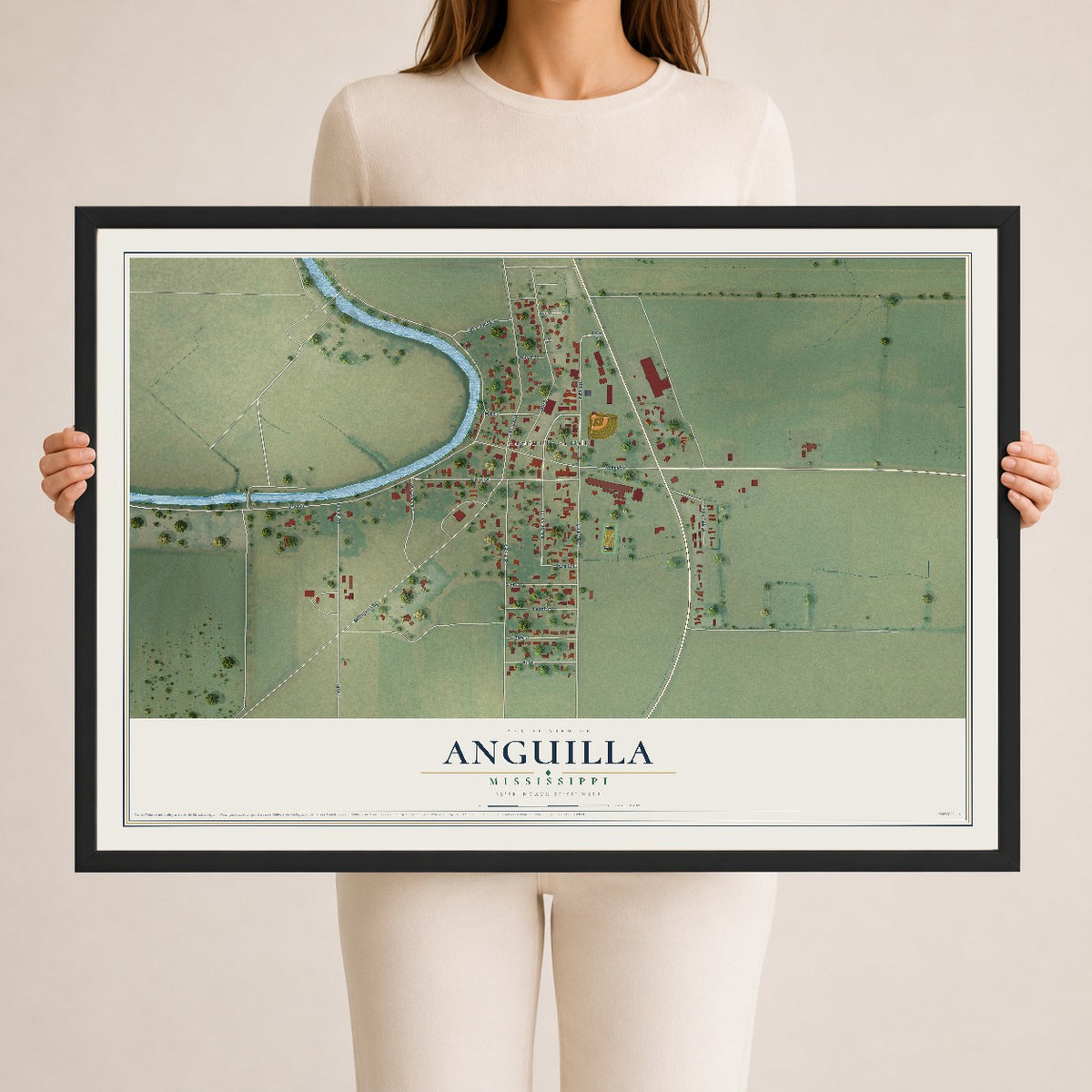 Map of Anguilla, Mississippi, 24 x 36 inch print in a black wood frame