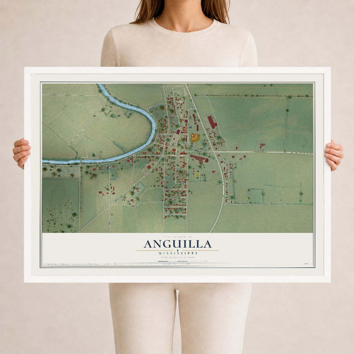 Map of Anguilla, Mississippi, 24 x 36 inch print in a white wood frame