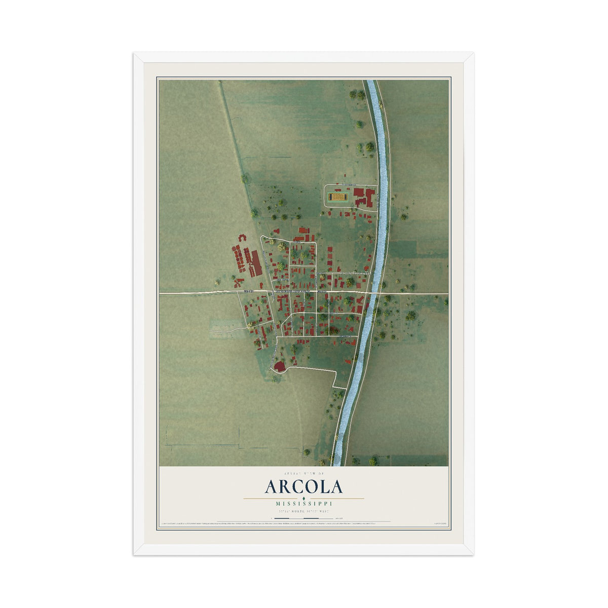 Map of Arcola, Mississippi, 12 x 18 inch print in a white wood frame