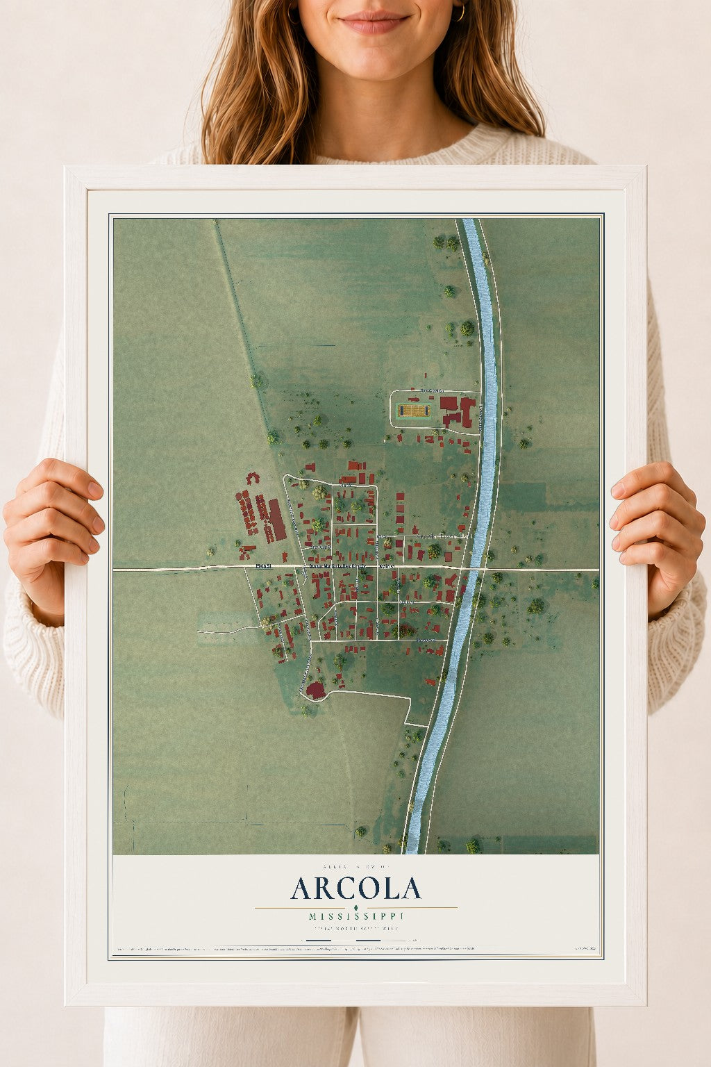 Map of Arcola, Mississippi, 18 x 24 inch print in a white wood frame