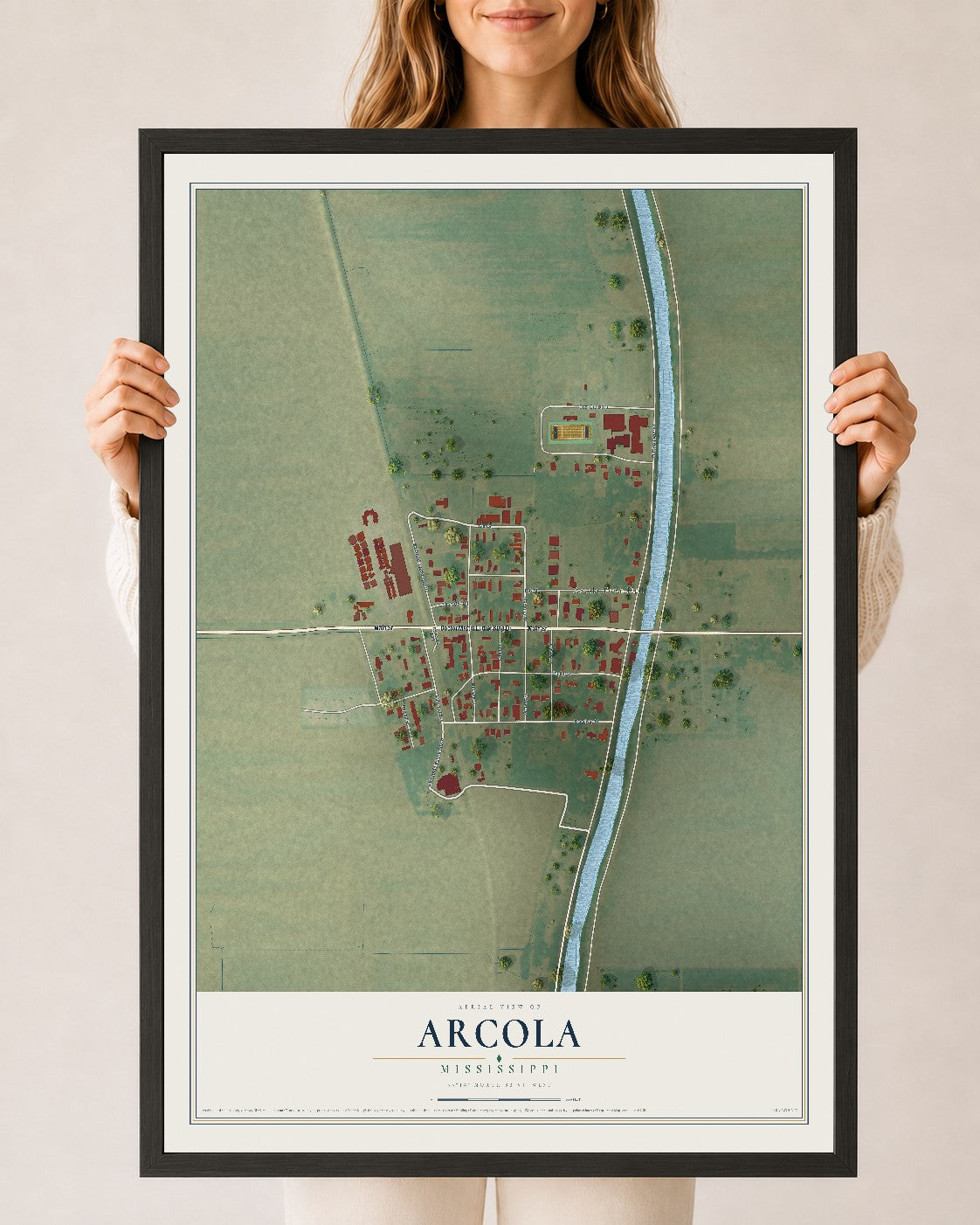Map of Arcola, Mississippi, 24 x 36 inch print in a black wood frame