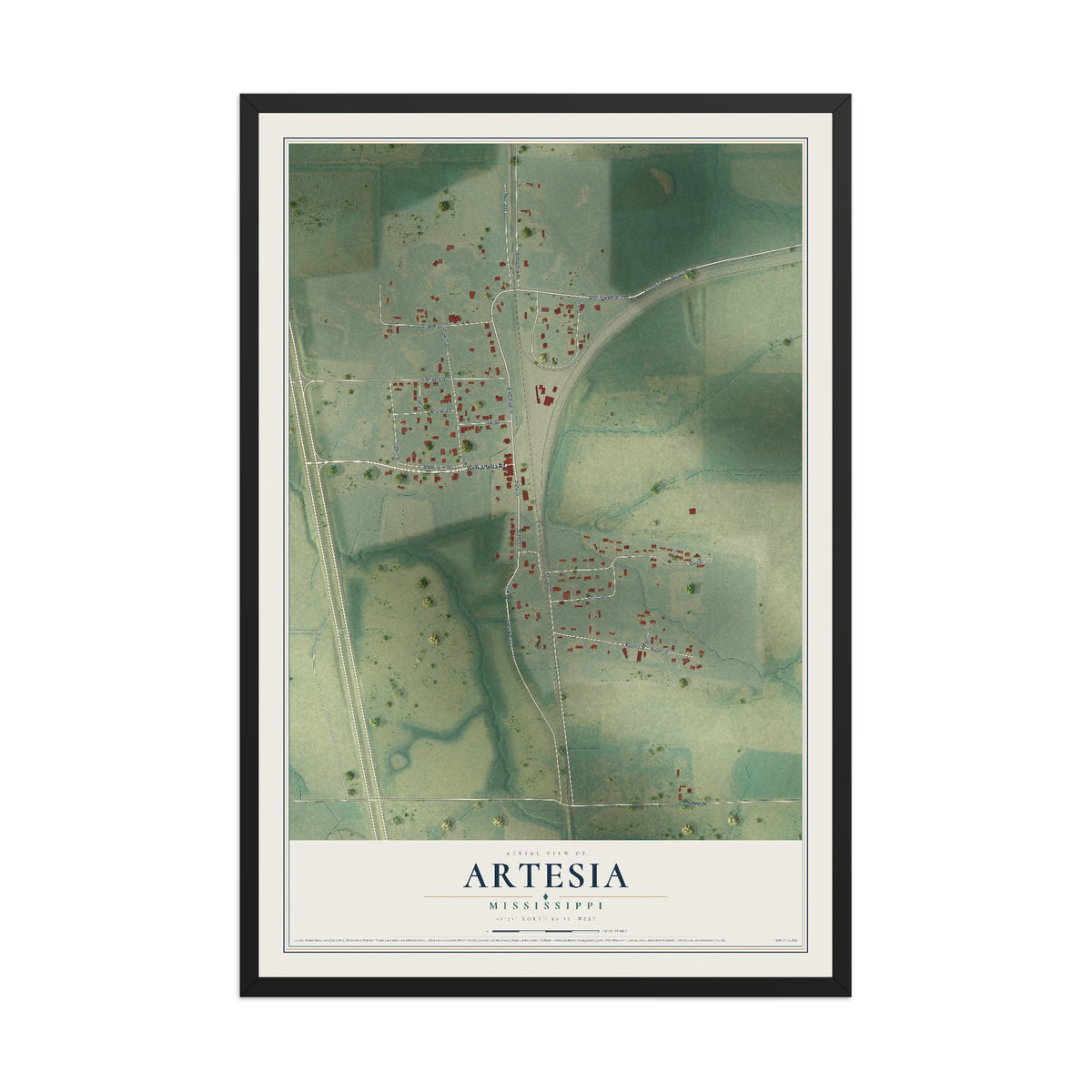 Map of Artesia, Mississippi, 12 x 18 inch print in a black wood frame