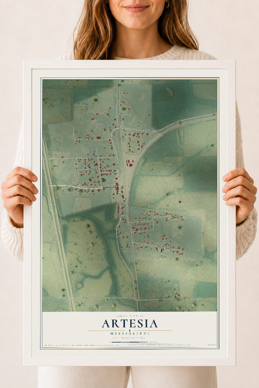 Map of Artesia, Mississippi, 18 x 24 inch print in a white wood frame