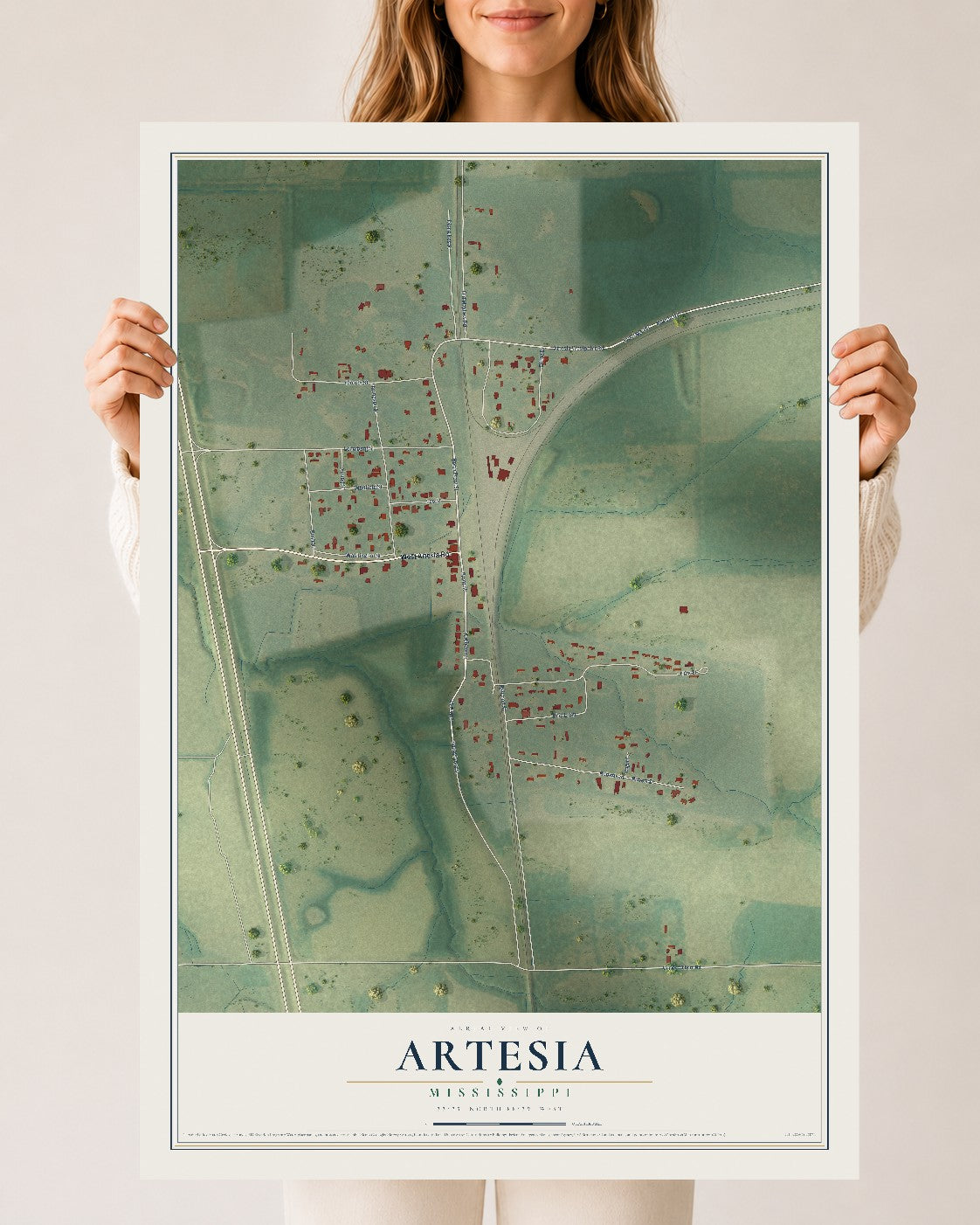 Map of Artesia, Mississippi, 24 x 36 inch unframed archival matte print