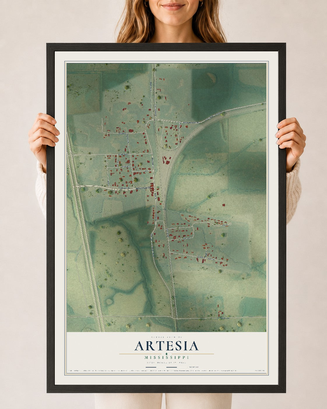 Map of Artesia, Mississippi, 24 x 36 inch print in a black wood frame