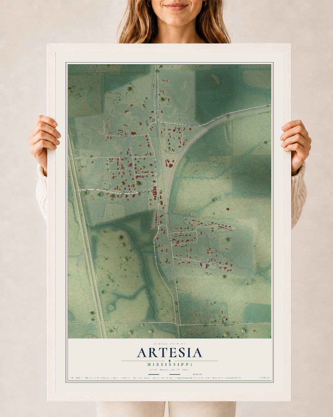 Map of Artesia, Mississippi, 24 x 36 inch print in a white wood frame
