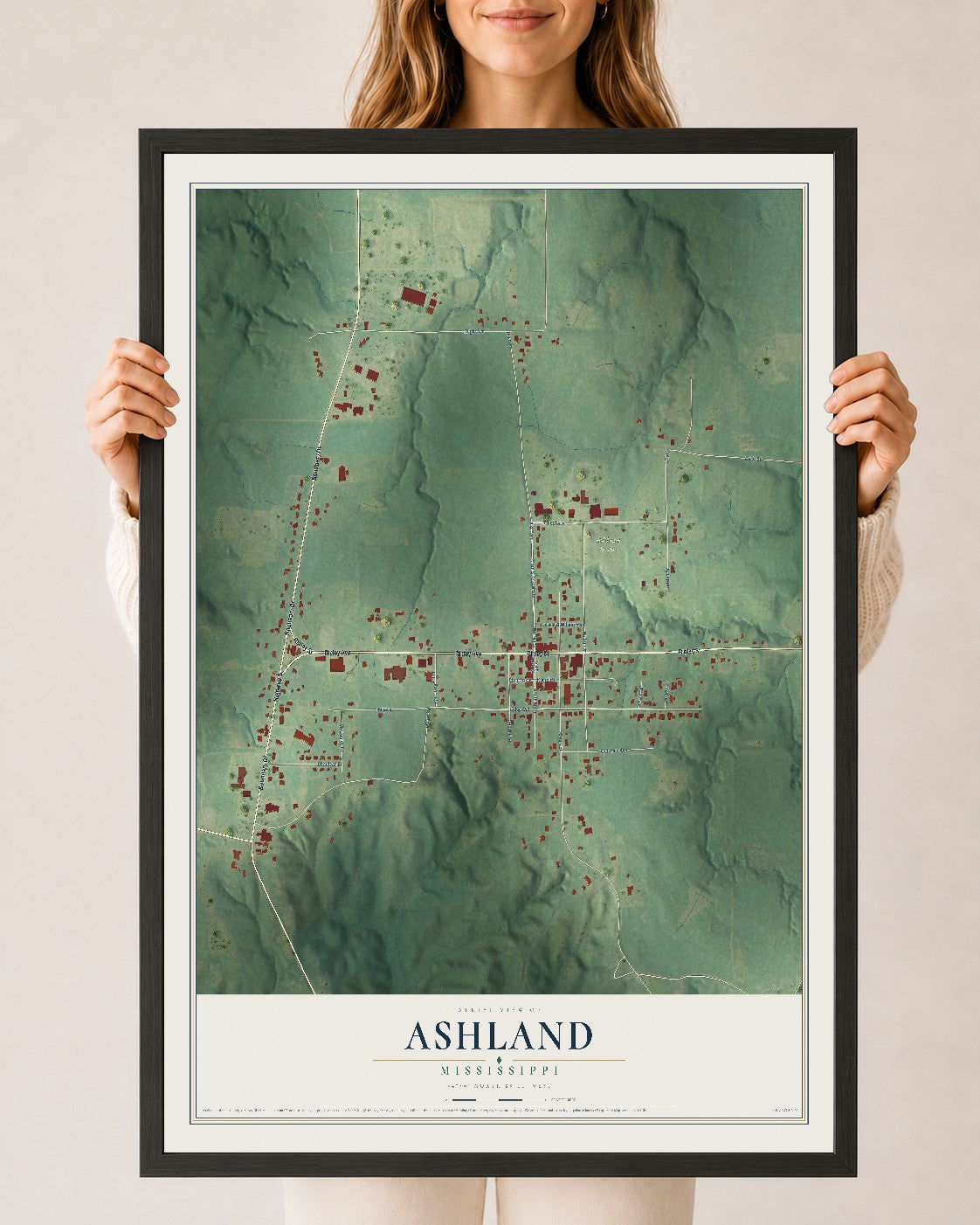 Map of Ashland, Mississippi, 24 x 36 inch print in a black wood frame