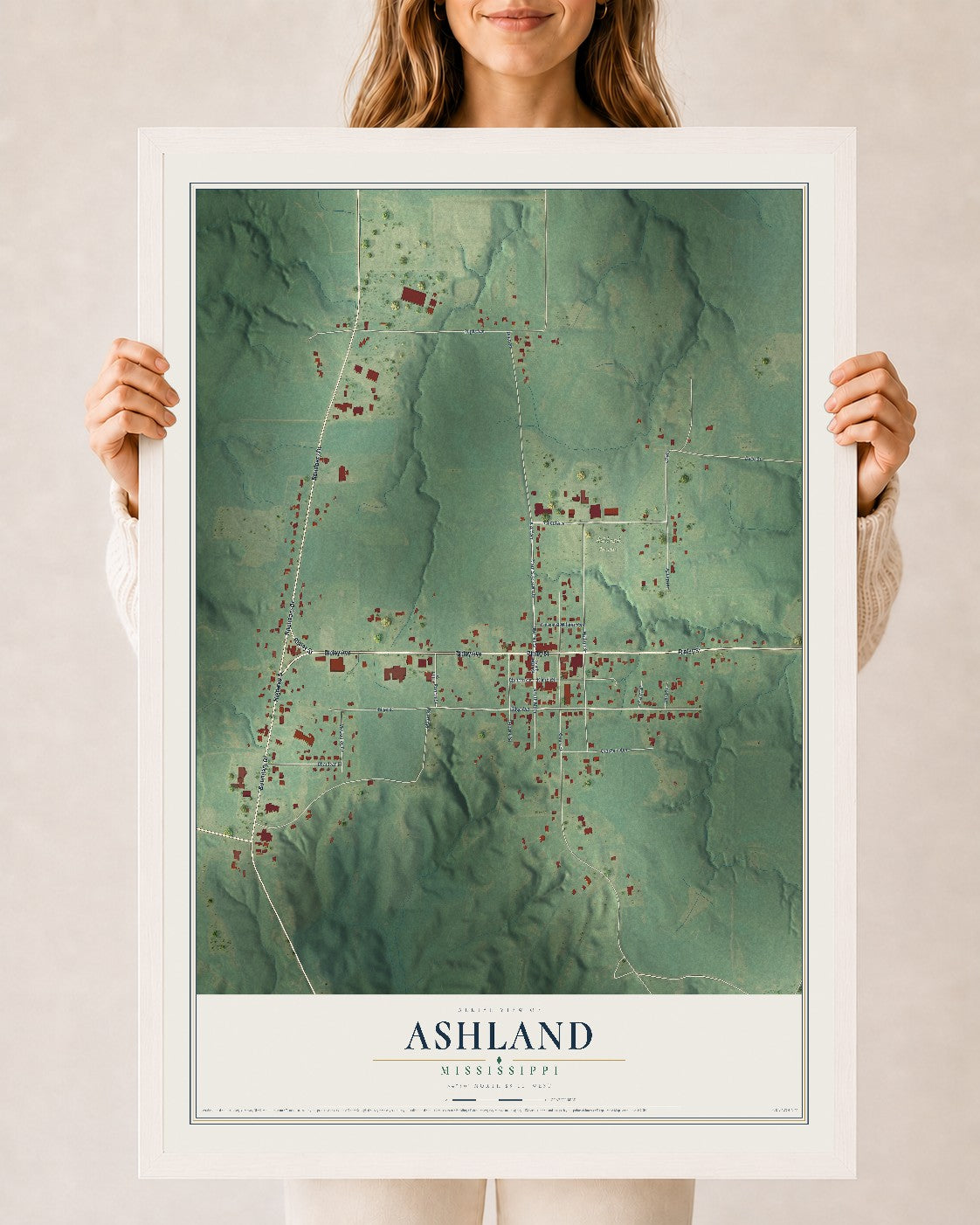 Map of Ashland, Mississippi, 24 x 36 inch print in a white wood frame