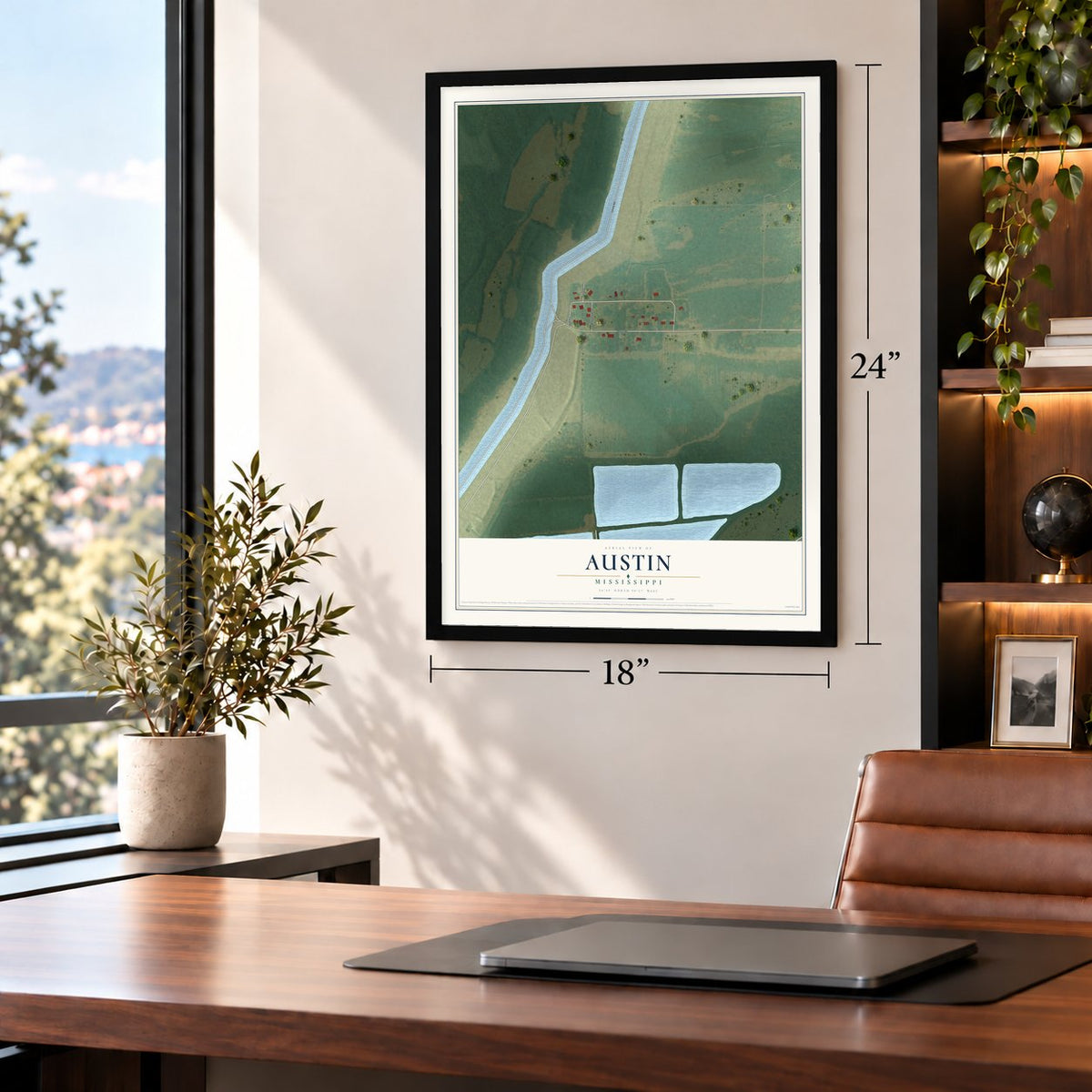 Austin, Mississippi map, 18 x 24 inch print in a black frame in a home office