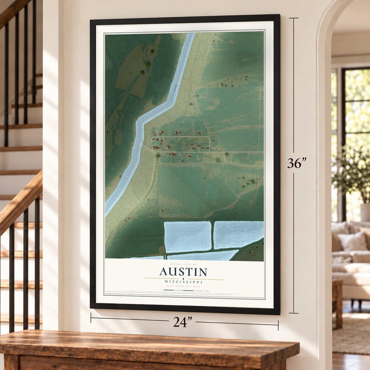 Austin, Mississippi map, 24 x 36 inch print in a black frame by a staircase