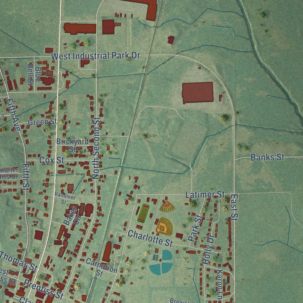 Second close-up of the map of Baldwyn, Mississippi print showing more streets and buildings