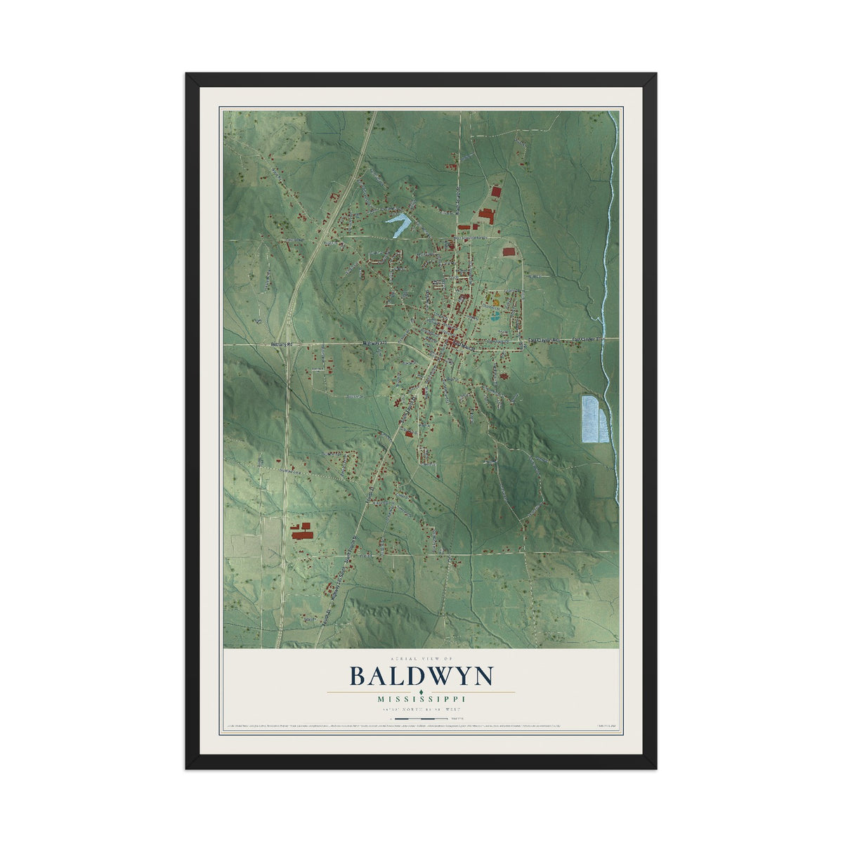 Map of Baldwyn, Mississippi, 12 x 18 inch print in a black wood frame