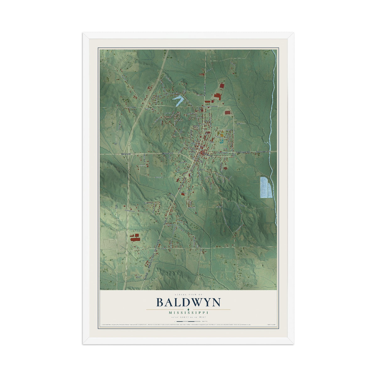Map of Baldwyn, Mississippi, 12 x 18 inch print in a white wood frame