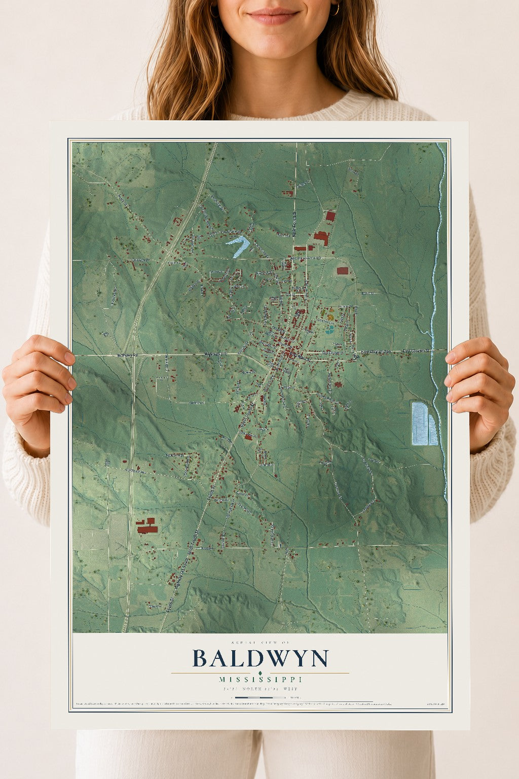 Map of Baldwyn, Mississippi, 18 x 24 inch unframed archival matte print