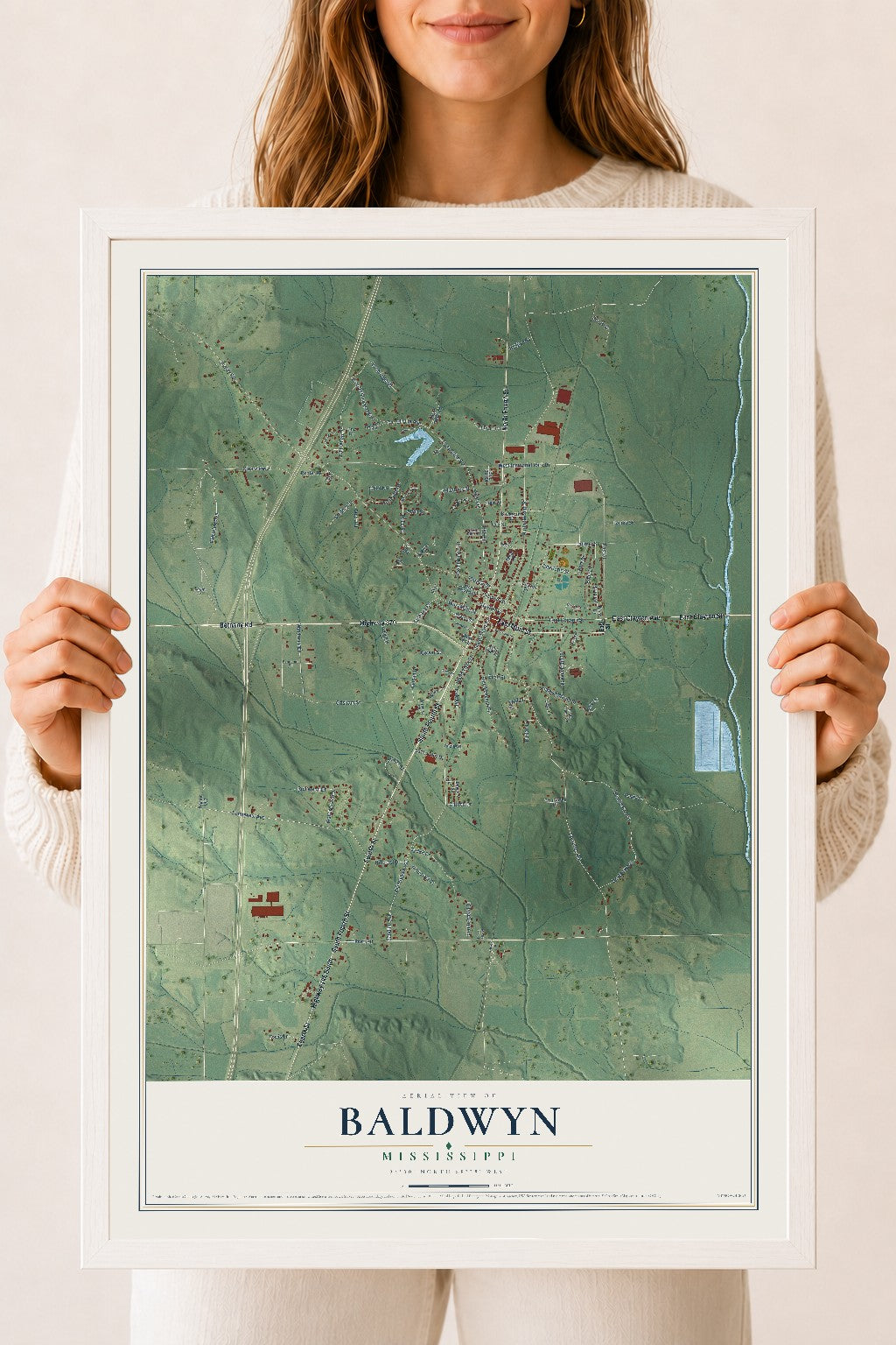 Map of Baldwyn, Mississippi, 18 x 24 inch print in a white wood frame