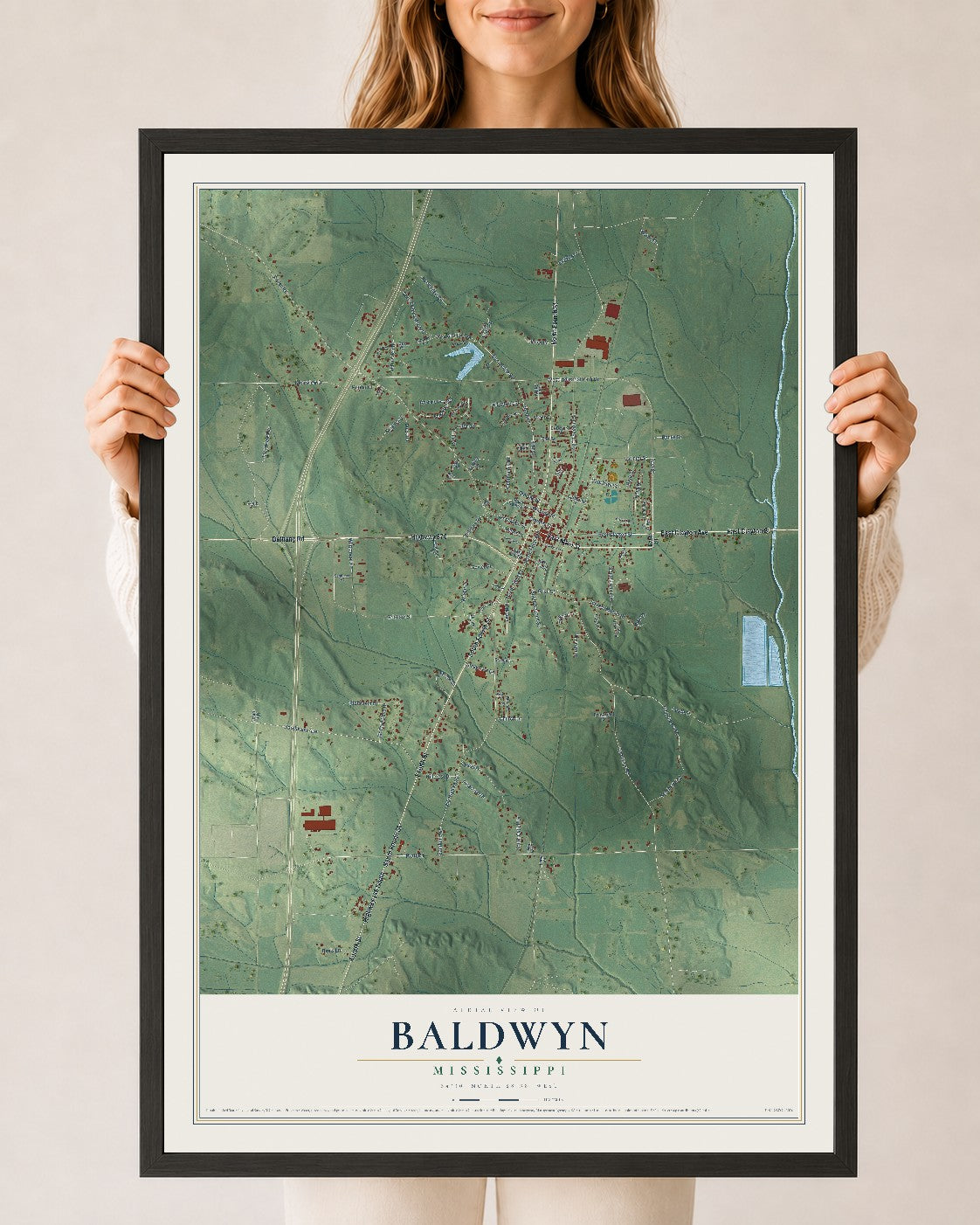 Map of Baldwyn, Mississippi, 24 x 36 inch print in a black wood frame