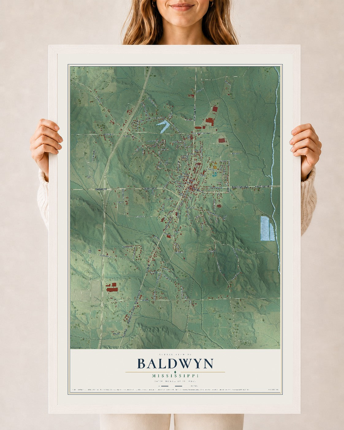 Map of Baldwyn, Mississippi, 24 x 36 inch print in a white wood frame