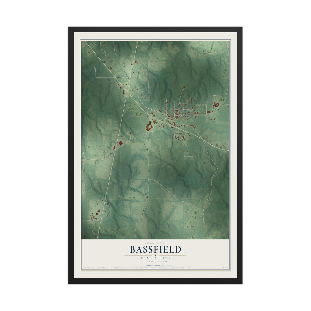 Map of Bassfield, Mississippi, 12 x 18 inch print in a black wood frame