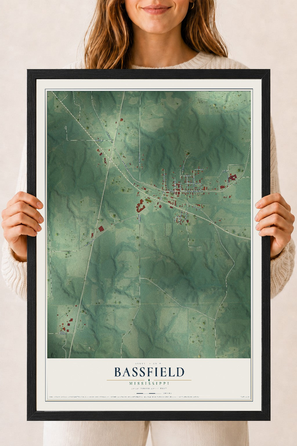 Map of Bassfield, Mississippi, 18 x 24 inch print in a black wood frame