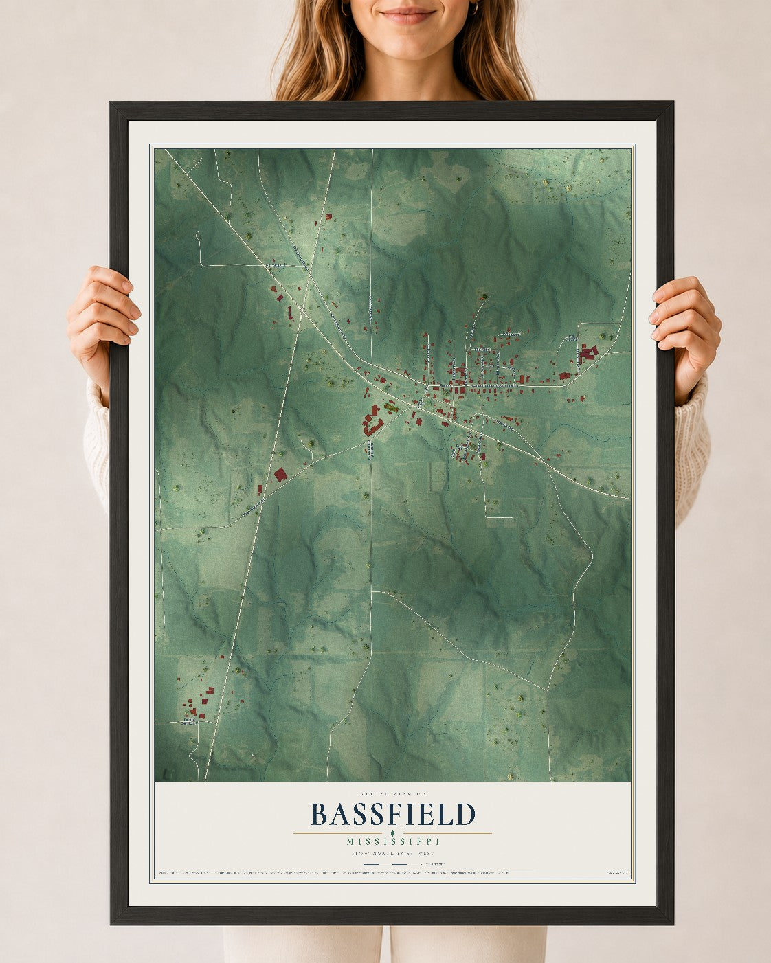 Map of Bassfield, Mississippi, 24 x 36 inch print in a black wood frame