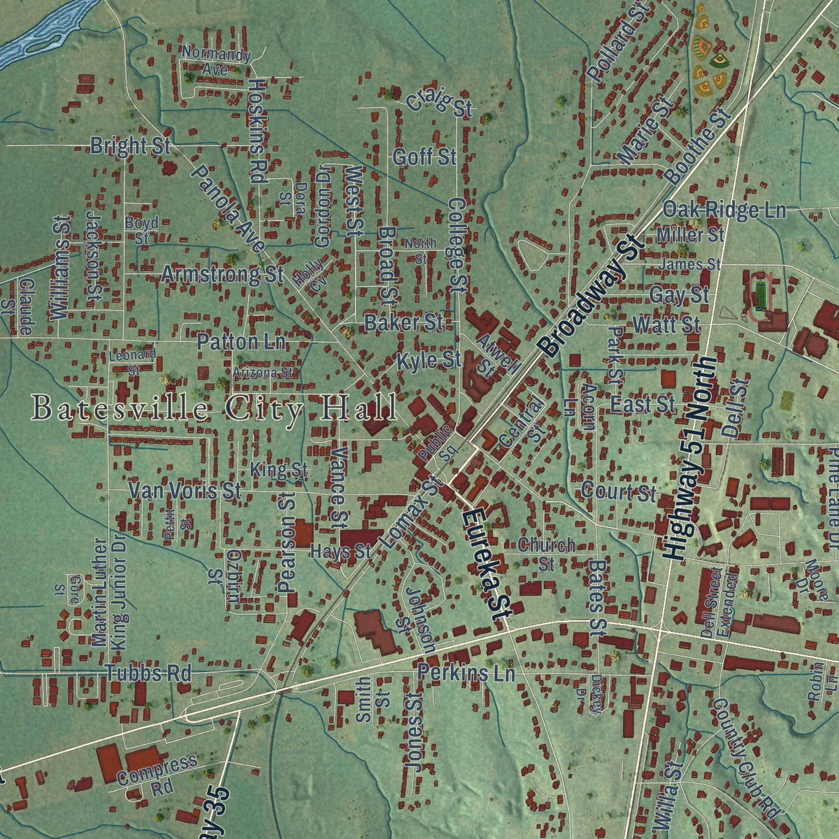 Close-up of the map of Batesville, Mississippi print showing street and building detail