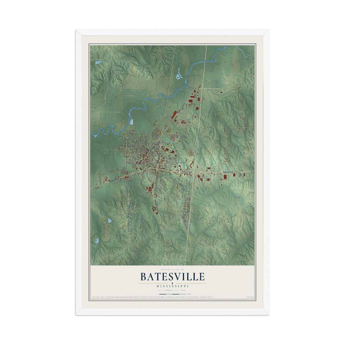 Map of Batesville, Mississippi, 12 x 18 inch print in a white wood frame