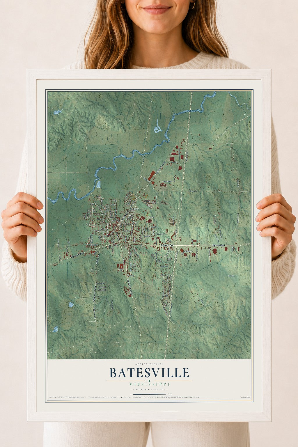 Map of Batesville, Mississippi, 18 x 24 inch print in a white wood frame