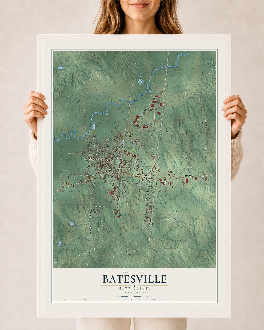 Map of Batesville, Mississippi, 24 x 36 inch print in a white wood frame