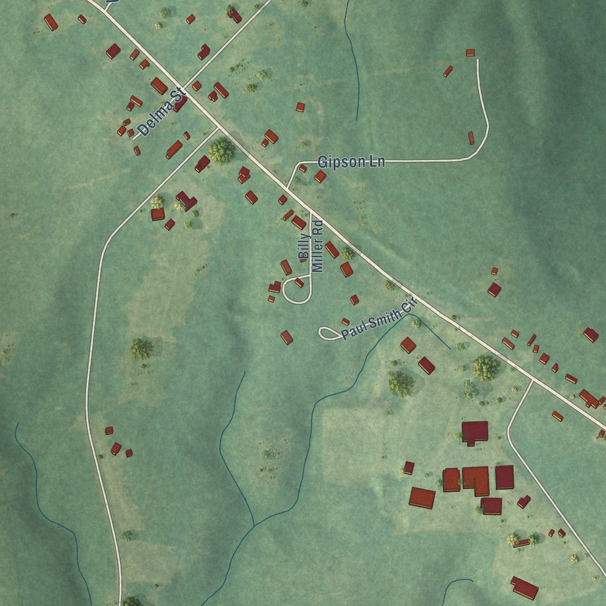 Close-up of the map of Baxterville, Mississippi print showing street and building detail