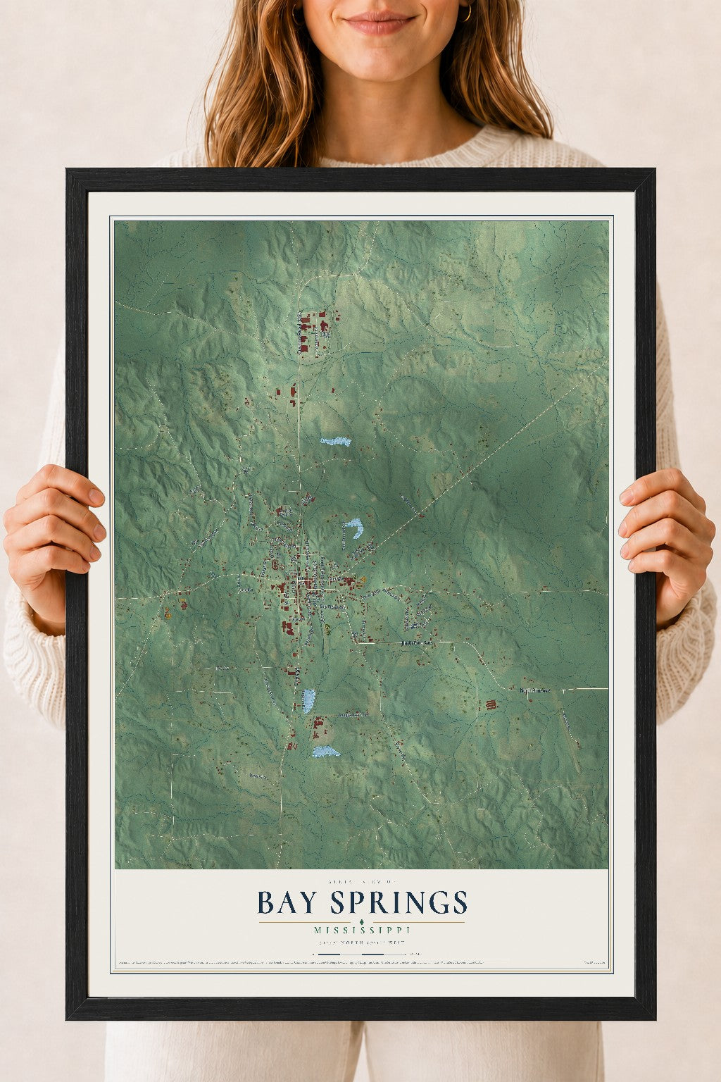 Map of Bay Springs, Mississippi, 18 x 24 inch print in a black wood frame