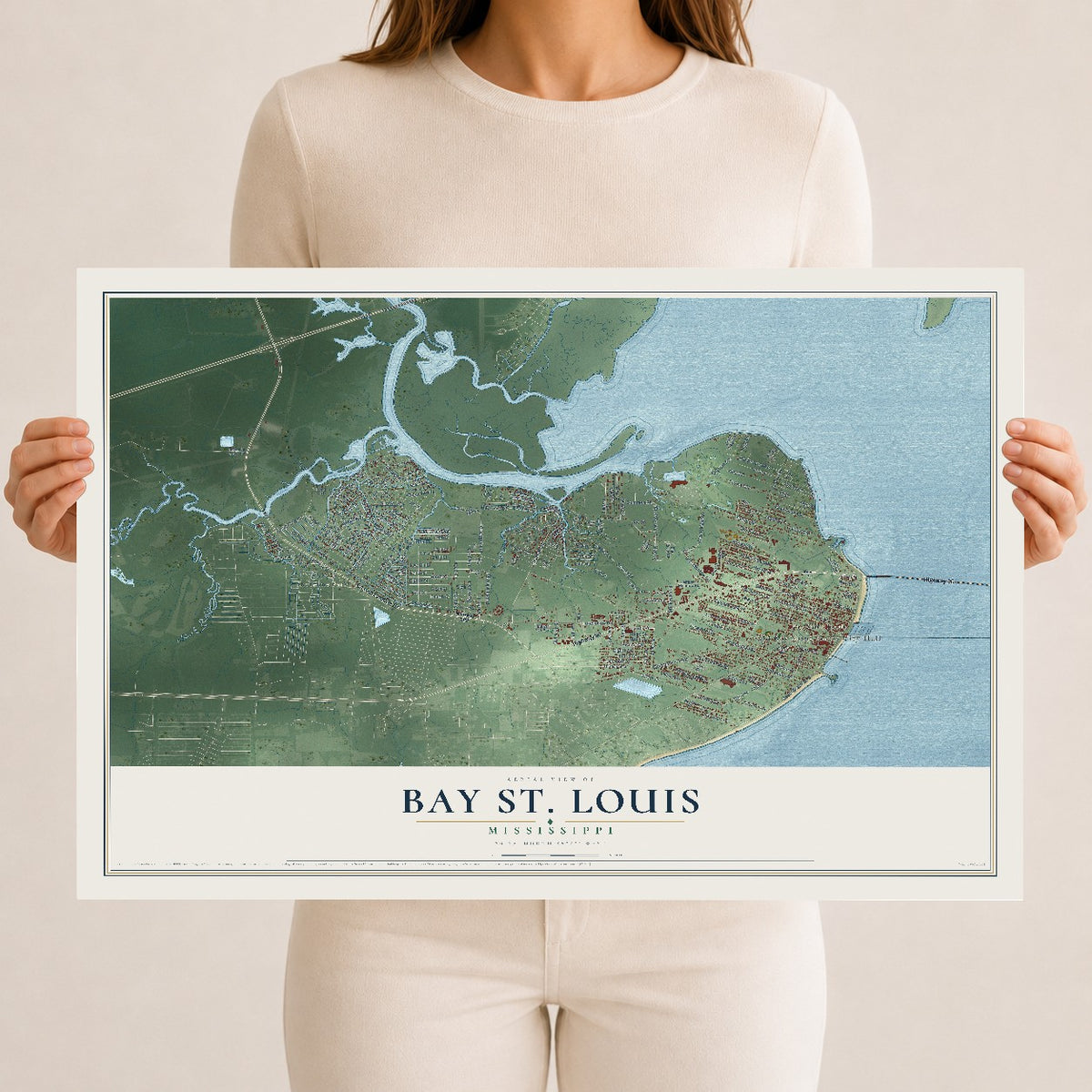 Map of Bay St. Louis, Mississippi, 12 x 18 inch unframed archival matte print